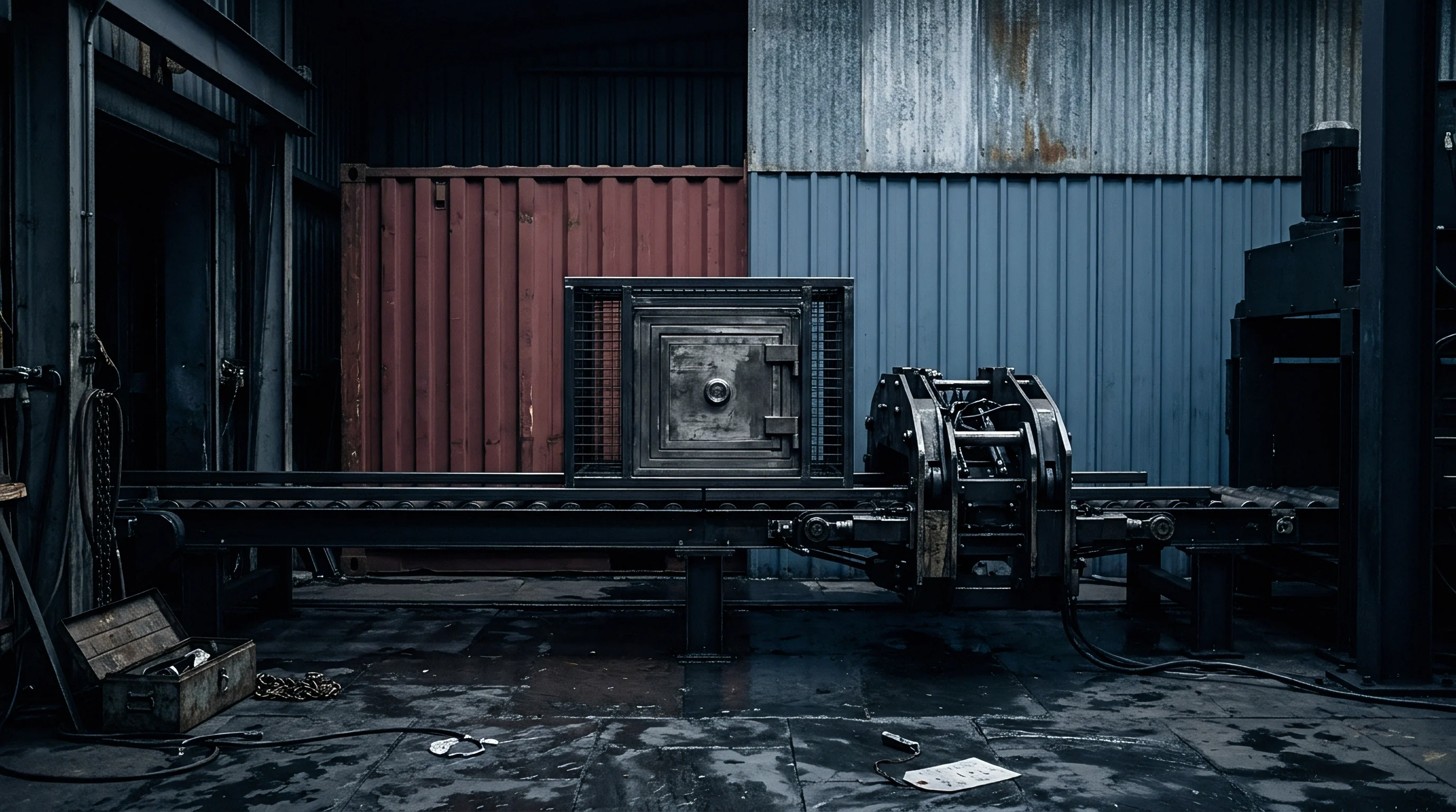 A heavy steel security safe enclosed in wire mesh rests on an industrial roller conveyor inside a corrugated metal manufacturing facility.