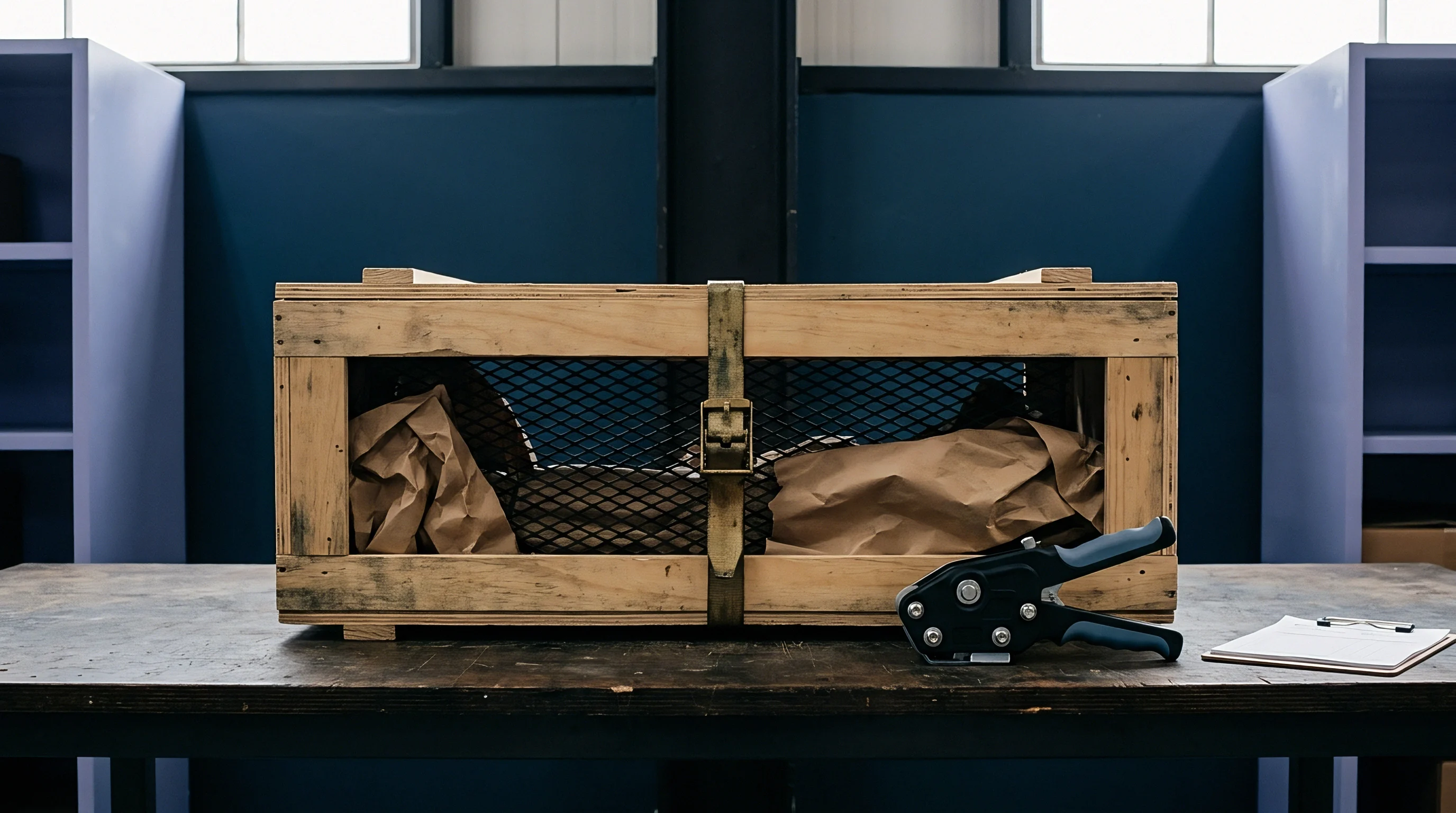 A wooden crate containing crumpled packing material and an unidentified item is placed on a workbench beside a banding tool and a clipboard.