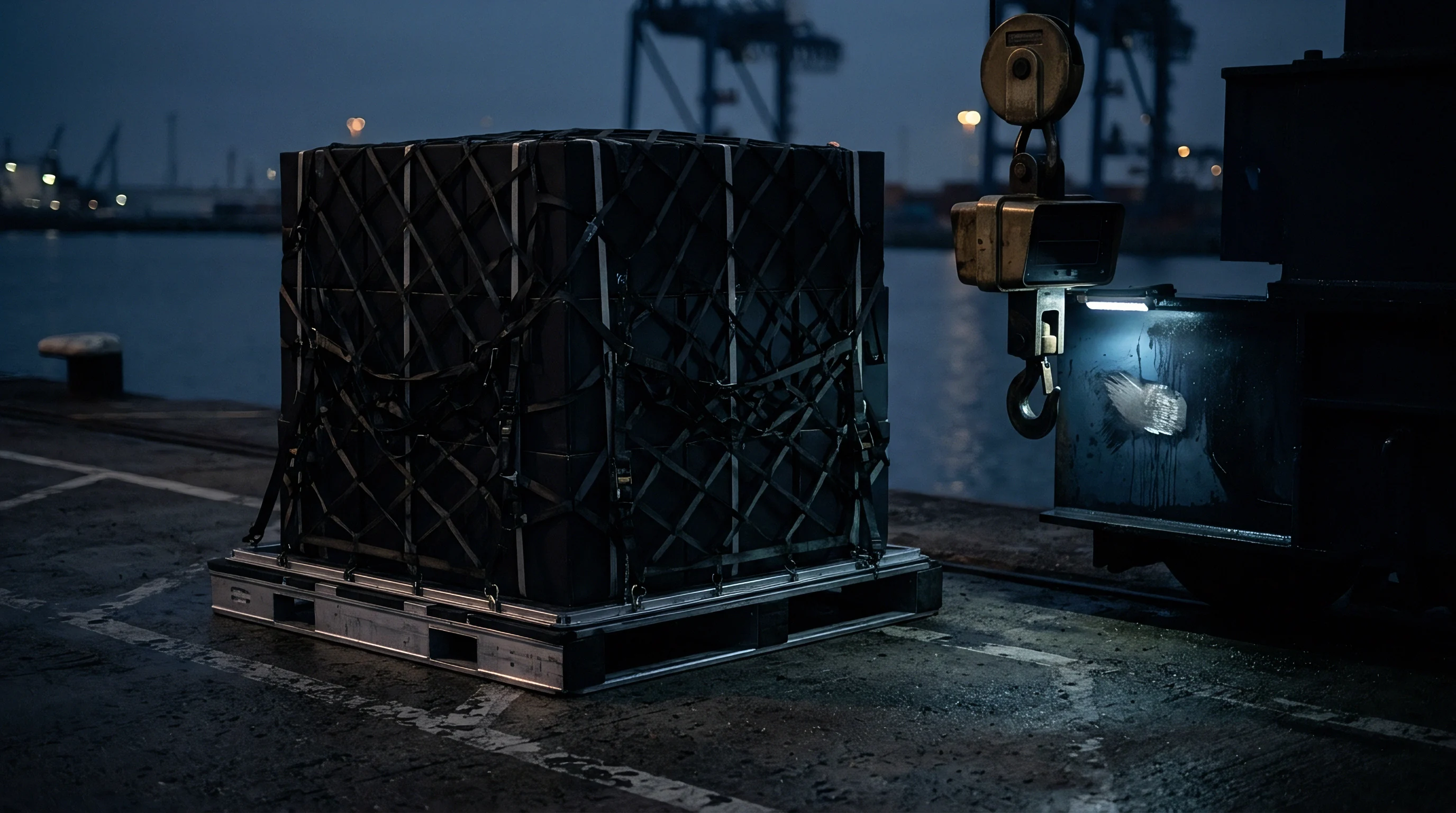A secured cargo pallet wrapped in protective material and heavy webbing sits on a concrete harbor dock at night.