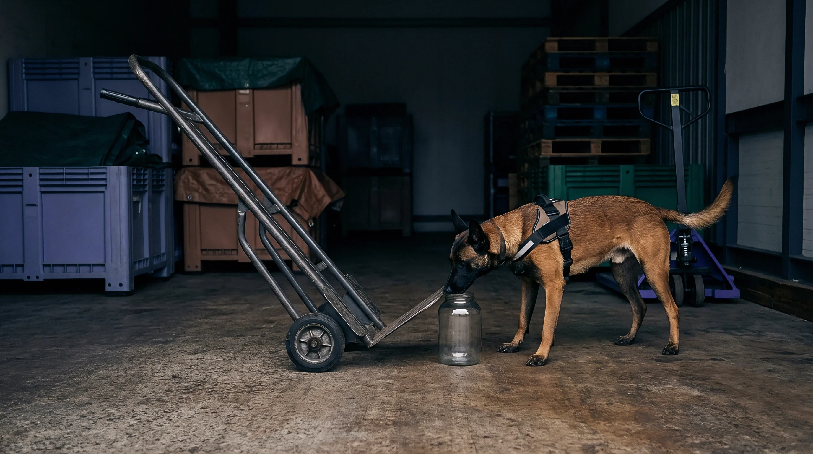 A Belgian Malinois detection dog with a harness inspects a glass jar positioned beside a metal hand truck on a warehouse floor.