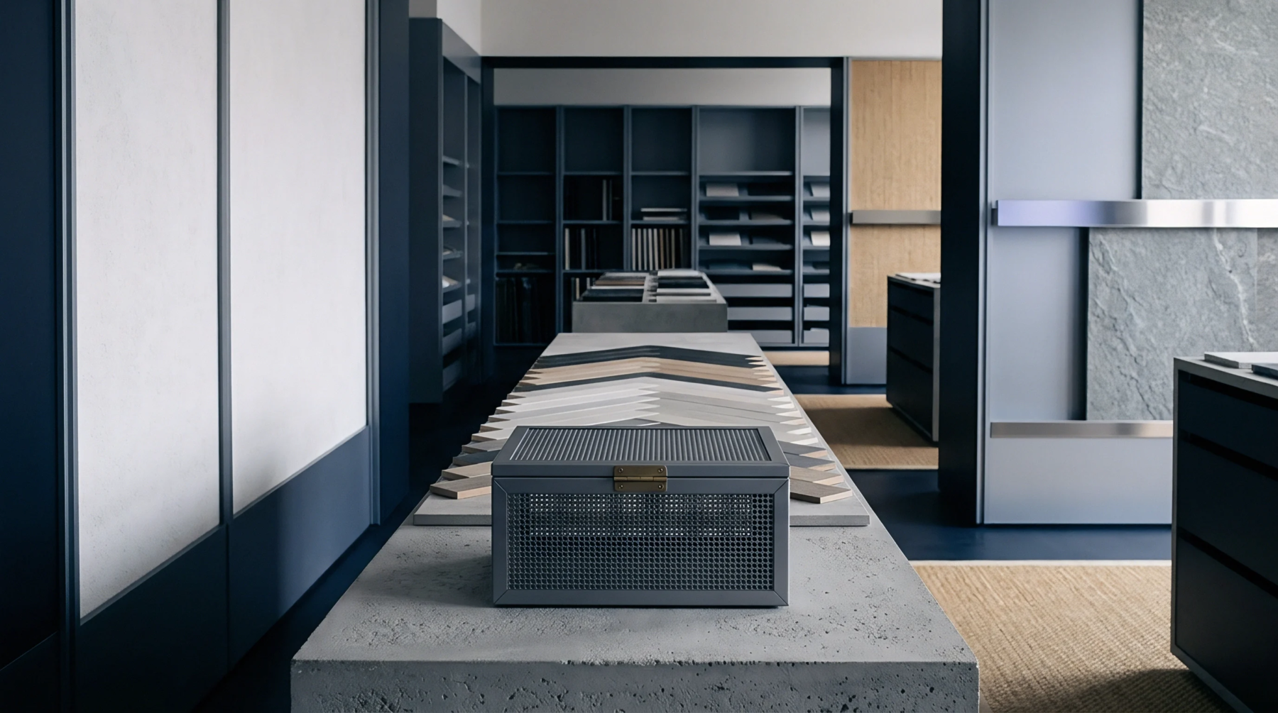 A concrete display plinth holds a metal mesh organizer box and sample tiles in a structured materials showroom setting.