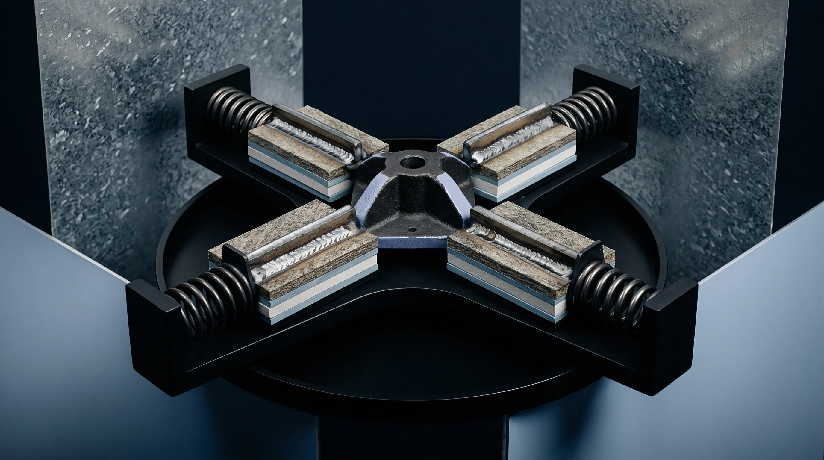 A digital render displays a mechanical alignment fixture featuring four spring loaded arms securing a central metal component upon a round platform.