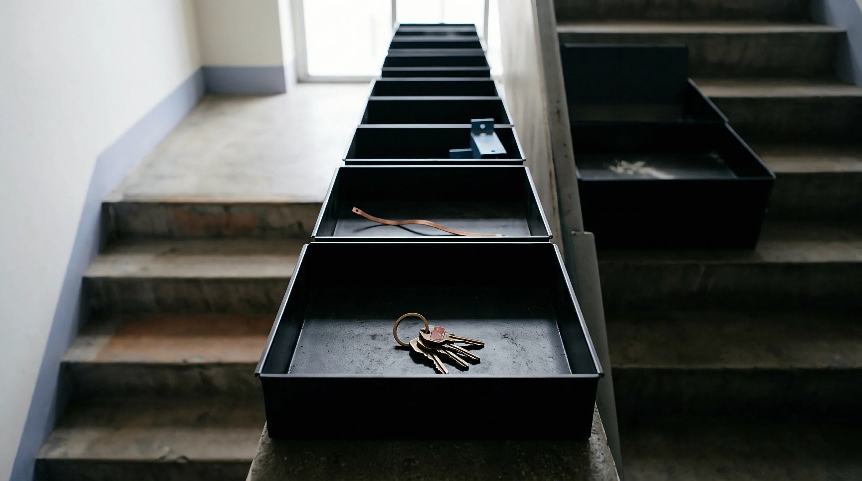 Metal component sorting trays rest on a concrete staircase in a sequence for separating production hardware and facility supplies during order fulfillment.