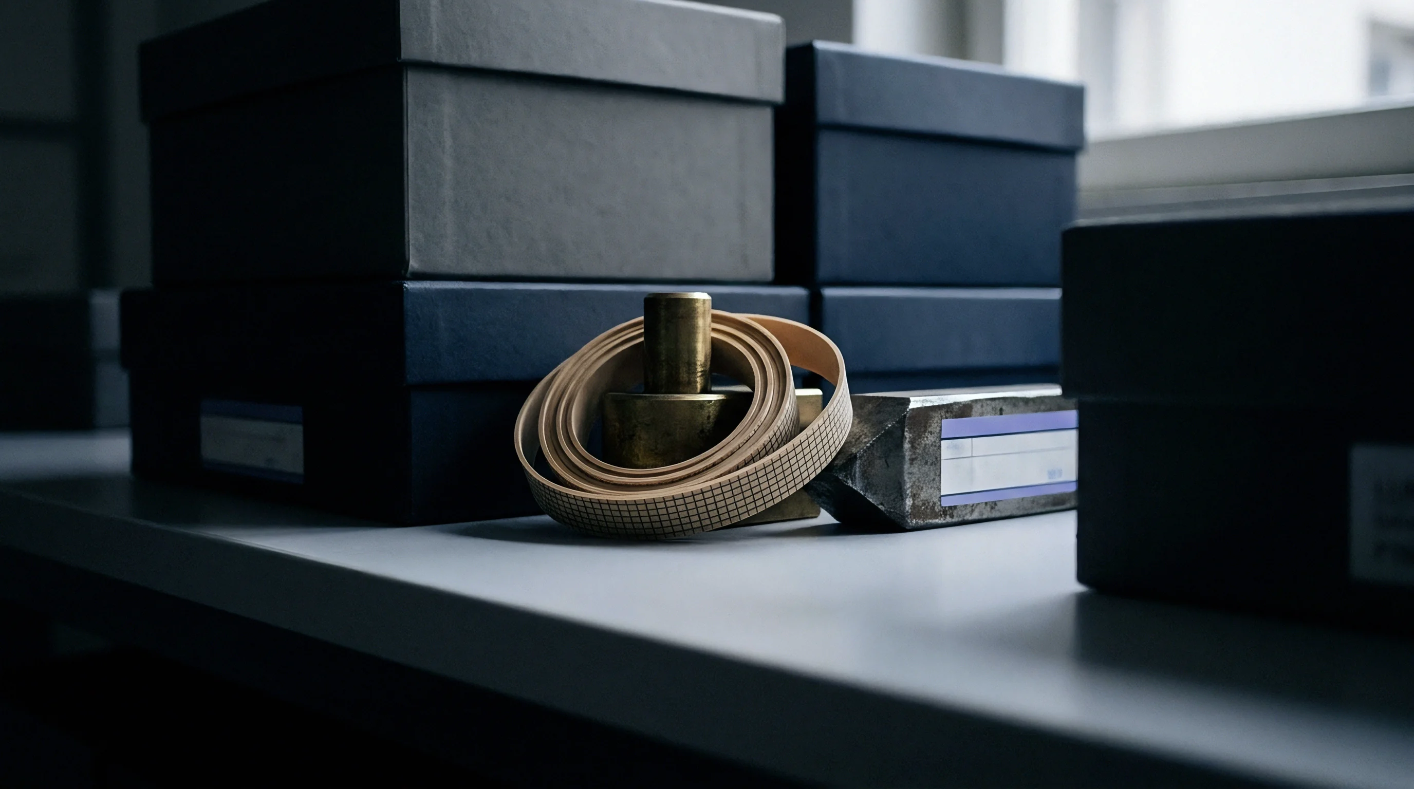 Dark storage boxes sit beside a metal gauge and a coiled grid measurement tape on a white inspection table in a manufacturing facility.