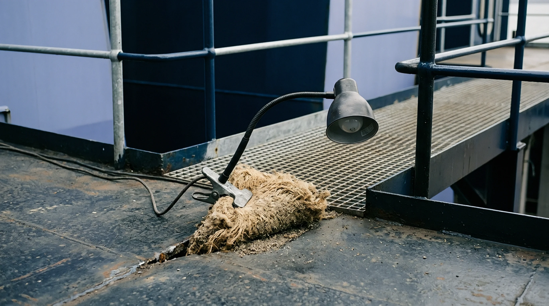 A clamp on utility lamp is attached to a fibrous textile pad on a steel industrial platform next to a metal gangway.