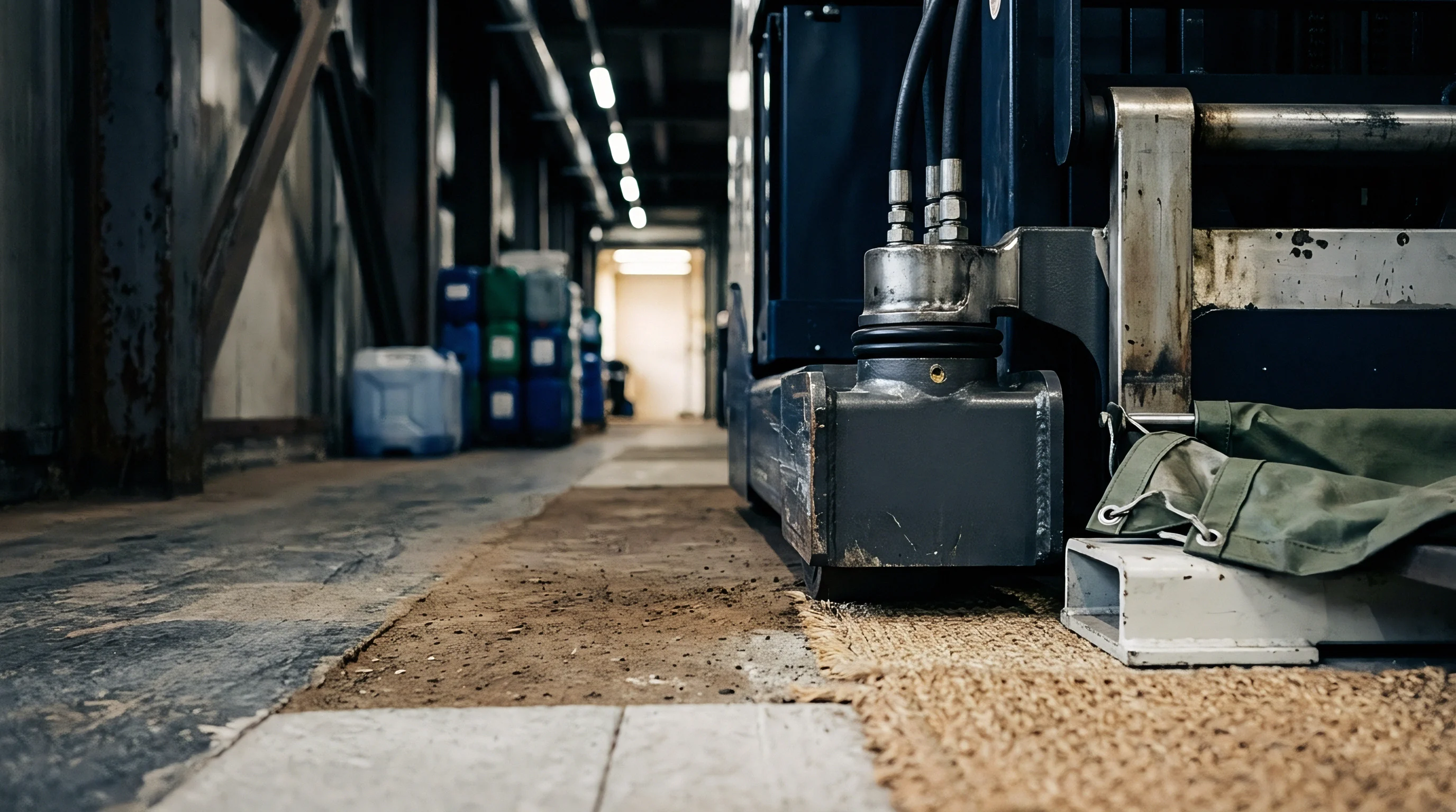 Heavy industrial material handling equipment sits on a worn concrete floor inside a brightly lit warehouse aisle next to stacked chemical containers.